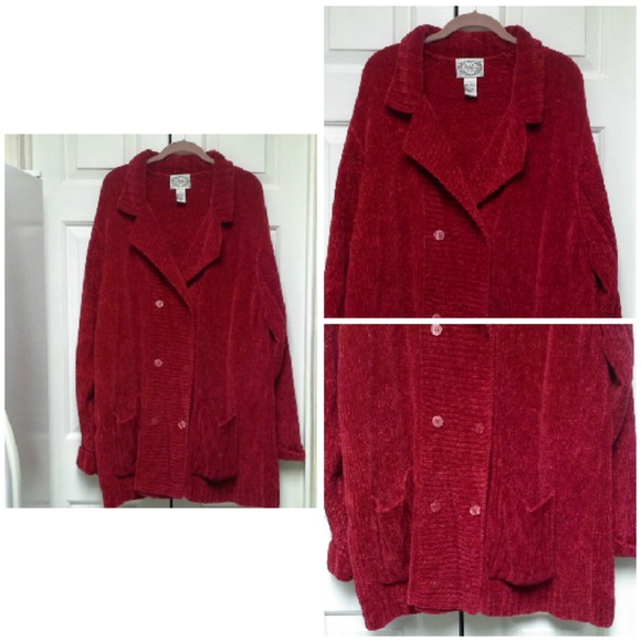 Stitches in Time Sweaters - |SOLD| Red Chenille Sweater Cardigan Pockets 2X